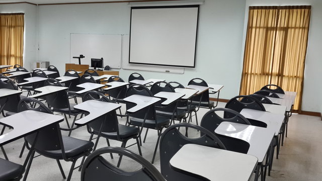 Lassroom Education Background Empty School Class Lecture Room Interior View, No Teacher Nor Student
