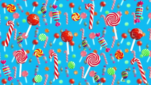 Bright glamour sweet juicy candies lollipop chupa chups caramel toffee sugar fall down. High quality background. Candy on blue.
