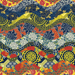 Chinese style waves patchwork  seamless pattern