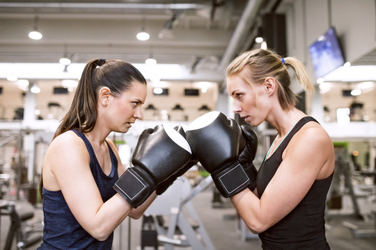 Young women boxing in gym