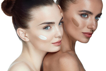 Beauty Cosmetics. Sexy Girls With Foundation On Face