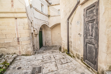 detail view of typical house (Sassi di Matera) and church of Matera