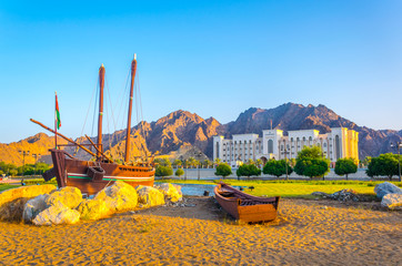 Famous Sohar boat from Omani seafarer Ahmed bin Majid at the Al Bustan Roundabout in Muscat Oman