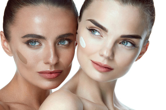 Facial Care. Beautiful Women With Foundation And Natural Makeup