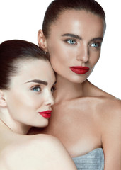 Fashion Makeup. Sexy Women With Fashionable Makeup And Red Lips