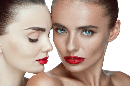 Woman Beauty Faces. Girls With Glamour Makeup And Red Lips