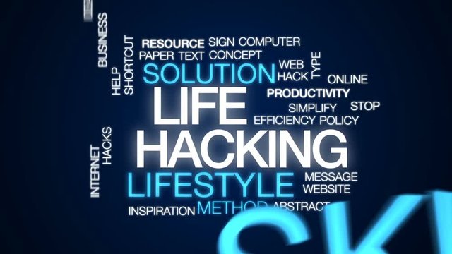 Life hacking animated word cloud, text design animation.