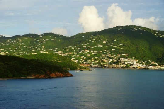 Daytime side view of St Thomas island from water