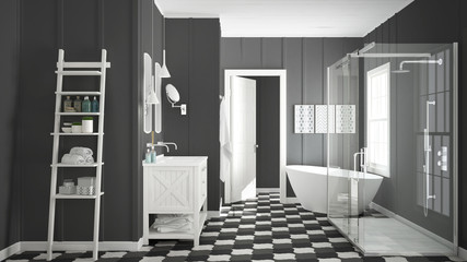 Scandinavian minimalist white and gray bathroom, shower, bathtub and decors, classic vintage interior design