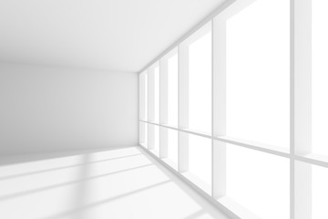 Empty white room with sunlight from wide large window