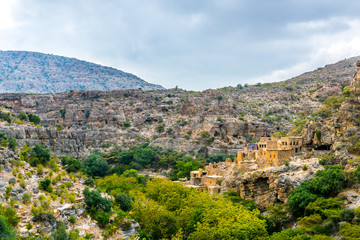 View of ruins of an abandoned village at the Wadi Bani Habib at the Jebel Akhdar mountain in Oman.