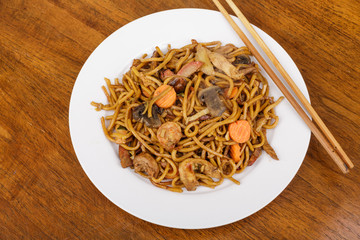 Lo Mein on Plate with Chopsticks