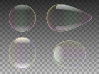 Vector illustration of a realistic soap bubble. Isolated transparent background. Rainbow multicolor translucent different shape of bubble.