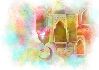 Fototapeta na wymiar Ramadan Kareem Eid Mubarak greetings islamic muslim holiday background with colorful eid lamps or lanterns