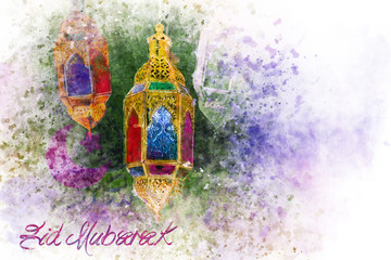 Ramadan Kareem Eid Mubarak greetings islamic muslim holiday background with colorful eid lamps or lanterns