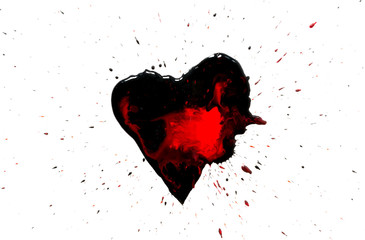 Black heart with red drops and black paint spray around isolated on white background.