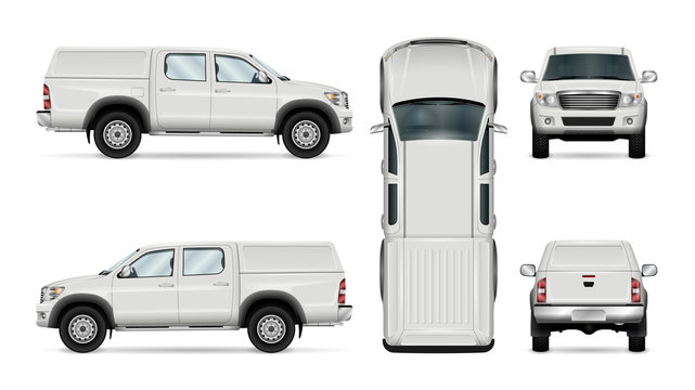 Pickup truck vector template for car branding and advertising. Isolated car on white background. All layers and groups well organized for easy editing and recolor. View from side, front, back, top.