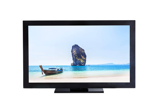 television TV screen with longtail boat and small island in the sea picture  isolated on white background