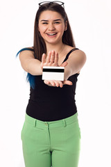 Naklejka premium a young business woman holding new credit card