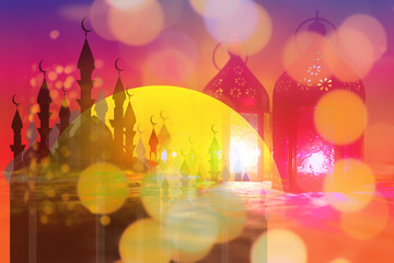 Islamic muslim holiday Ramadan Eid background with eid lanterns or lamps and arabic oriental windows and mosque silhouette