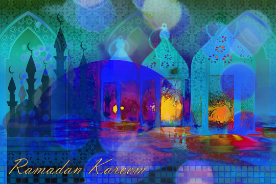 Ramadan Kareem Eid Mubarak greeting - Islamic muslim holiday Ramadan Eid background with eid lanterns or lamps © t0m15