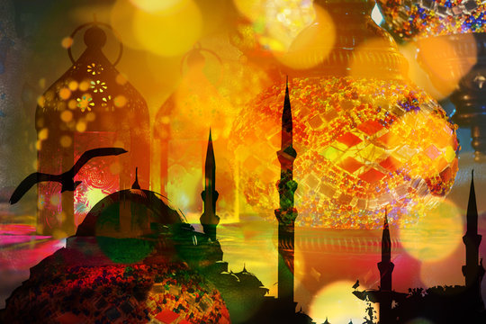Islamic muslim holiday Ramadan Eid background with eid lanterns or lamps and arabic oriental windows and mosque silhouette