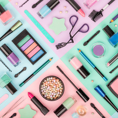 set of professional decorative cosmetics, makeup tools and accessory on multicolored background....
