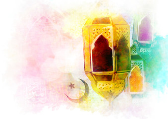 Islamic muslim holiday Ramadan Eid background with eid lanterns or lamps and arabic oriental windows