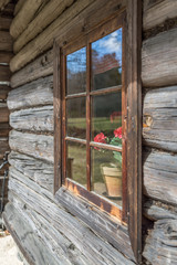 Window with flowers in old country house