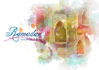 Fototapeta premium Ramadan Kareem Eid Mubarak greeting - Islamic muslim holiday Ramadan Eid background with eid lanterns or lamps