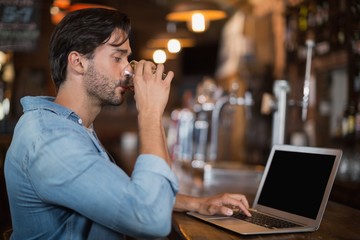 Man drinking beer while using laptop in restarant