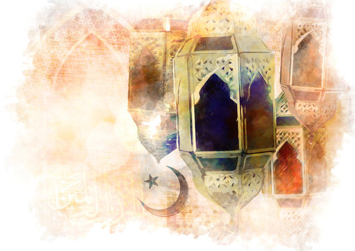 Islamic muslim holiday Ramadan Eid background with eid lanterns or lamps and arabic oriental windows