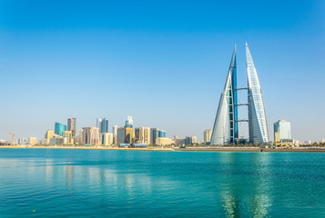 Skyline of Manama dominated by the World trade Center building, Bahrain.