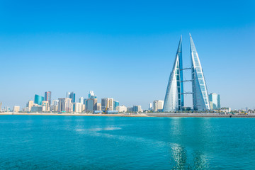 Skyline of Manama dominated by the World trade Center building, Bahrain.