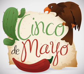 Cactus, Chili Pepper and Eagle Celebrating Mexican Cinco de Mayo, Vector Illustration