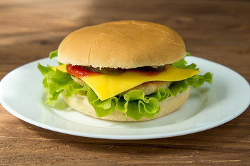 Tasty cheeseburger on white plate on wooden background