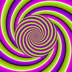 Green, purple and pink background with growing sphere. Optical expansion illusion.