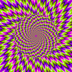 Green, purple and pink background with moving sphere. Optical illusion of movement.