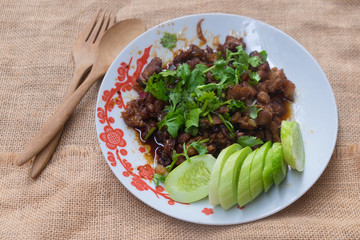 Thai homemade, food stir fried pork with sugar