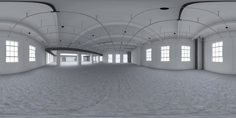 Equirectangular empty factory interior. 3d render 360.