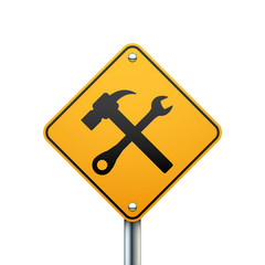 Service road sign, crossed hammer and wrench icon, isolated on white