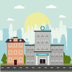 hospital and house building story facade architecture city vector illustration