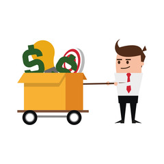 businessman pulling cardboard box cute cartoon icon image vector illustration design