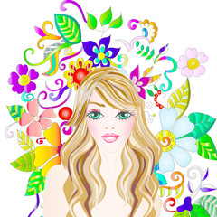 girl with flowers in the background