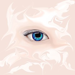 Un œil de femme bleu, sur fond abstrait rose et blanc
