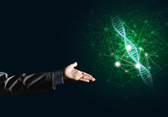 Science medicine and technology concepts as DNA molecule on dark background with connection lines