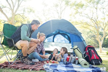 Family interacting while having snacks outside the tent © wavebreak3