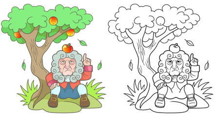 Cartoon Newton sits under the apple tree
