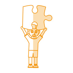 orange silhouette shading caricature boy with puzzle piece up vector illustration