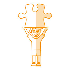 orange silhouette shading caricature guy with puzzle piece up vector illustration